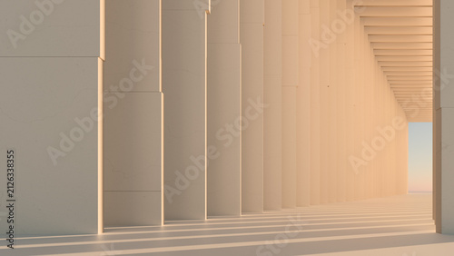 Abstract minimalist architecture background with white concrete columns colonnade. Modern empty corridor perspective in warm sunset light with shadows, 3d render