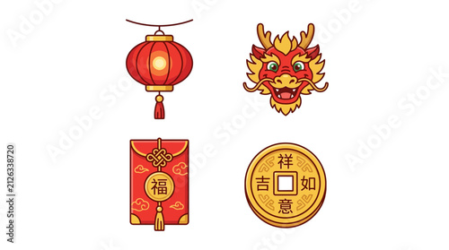 Chinese New Year Icons: Dragon, Lantern, Red Envelope, Coin