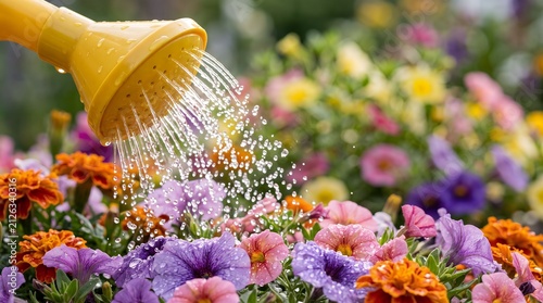 Close-up Macro of Yellow Watering Can Sprinkling Water on Vibrant Colorful Flowers in Garden