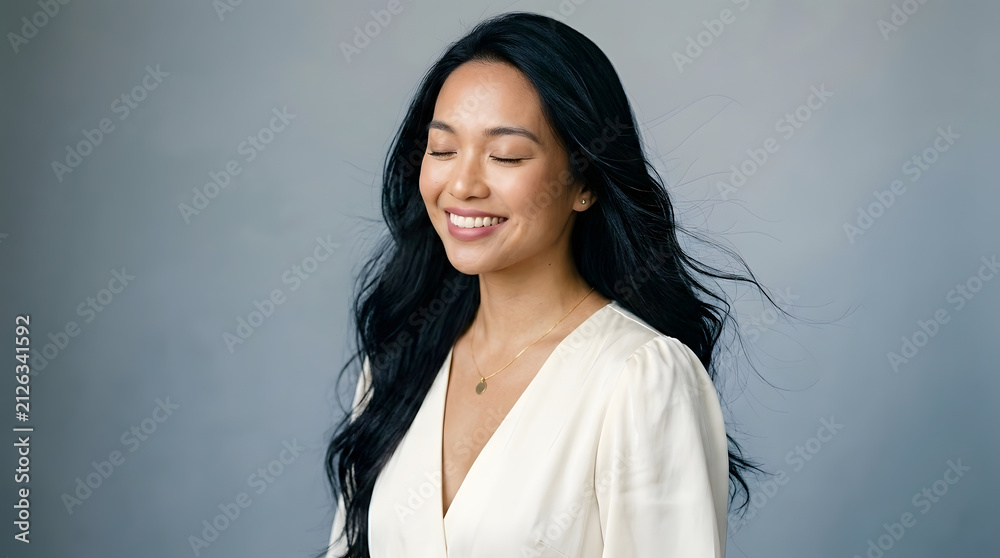 Fototapeta premium Confident Smiling Brunette Businesswoman Portrait in Studio with Natural Beauty and Professional Fashion Style Looking at Camera Close Up