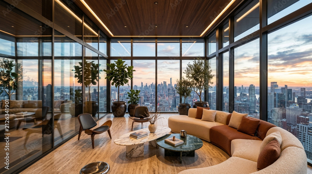 Fototapeta premium Luxury penthouse living room with city view at sunset