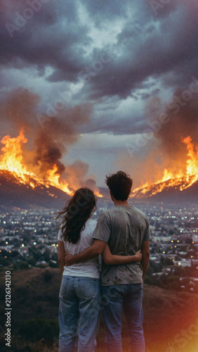 Retro noisy film aesthetic of a couple watching a massive wildfire burning the city hills at dusk