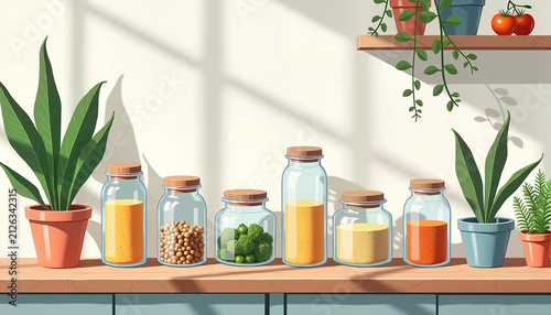 glass jars filled with colorful ingredients and plants arranged on a shelf in a bright kitchen environment serving as a concept for healthy living and meal preparation