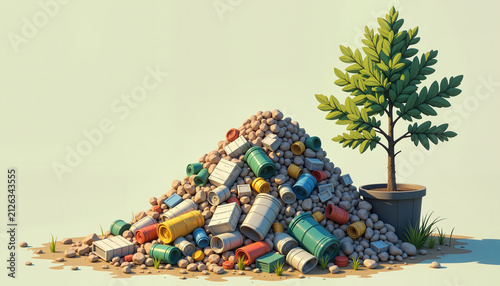 recycling concept showcasing a heap of plastic waste containers surrounded by a potted plant and stones, emphasizing environmental awareness and sustainability