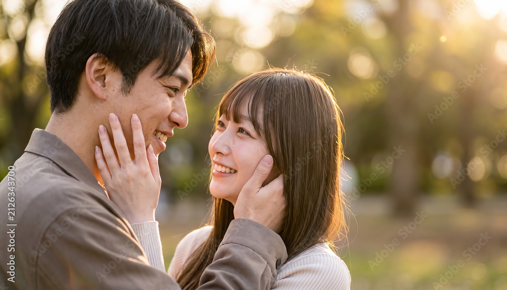 Fototapeta premium Loving young couple gazing into each other eyes tenderly in a sunlit park setting with warm romantic autumn light