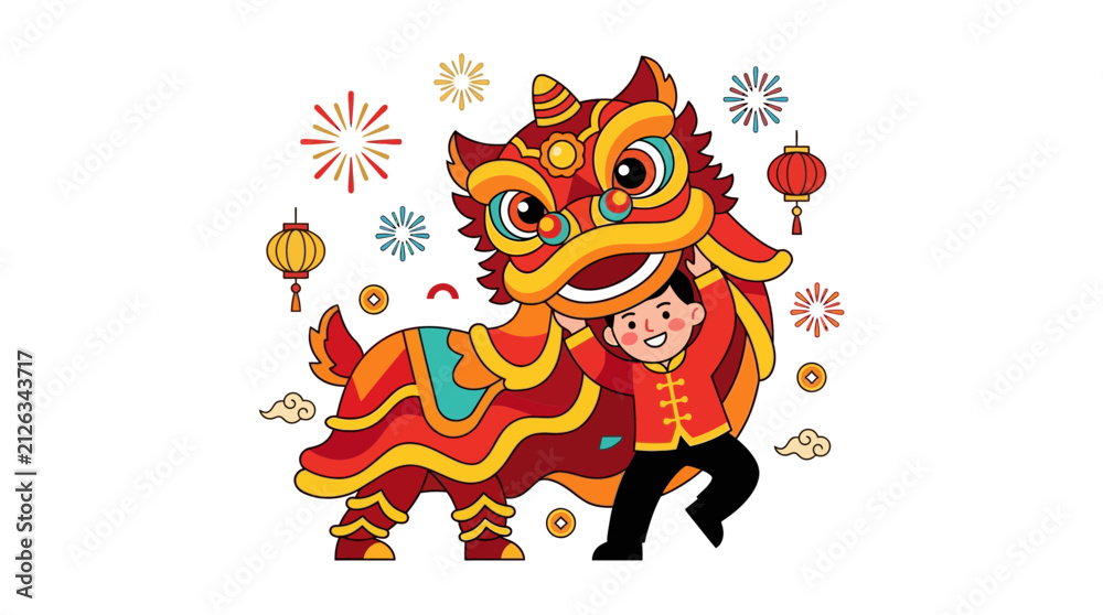 Naklejka premium Chinese Lion Dance Celebration with Boy and Firework