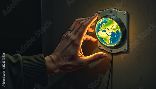 hand adjusting a light switch revealing a glowing globe, representing environmental awareness and sustainability concepts, with copy space