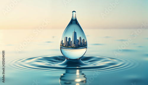 water droplet reflecting a city skyline on a calm surface creating ripples, concept urban nature balance, soft tones with copy space