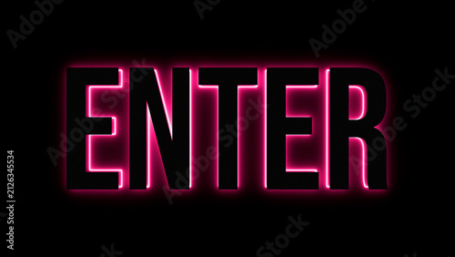 Bold neon pink glowing text enter on a black background, vibrant light effect, typography for access or entry concept signage