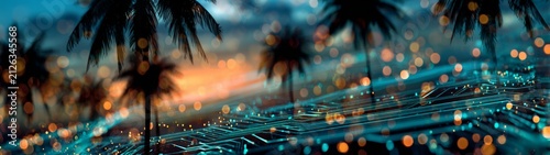 War on the horizon: missile launching above serene palms. Technology progress. Looming war: missiles trace fiery paths over scenic palm landscapes. Ai collaboration. Cognitive computing.