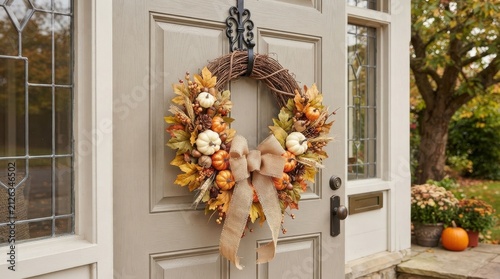Autumn wreath with pumpkins and burlap bow on front door