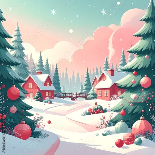 Charming Winter Village Landscape with Decorated Christmas Trees and Red Houses.