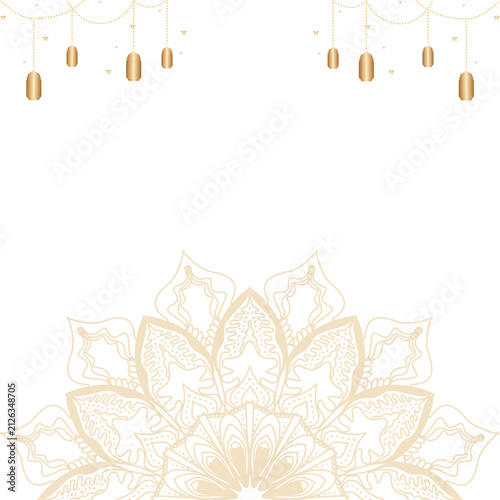 Elegant gold mandala design with hanging lanterns on white background