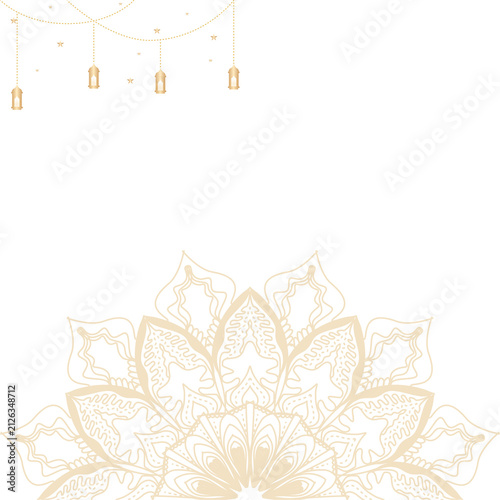 Elegant gold mandala design with hanging lanterns on white background