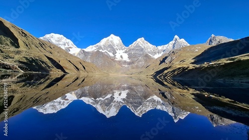 Lago espejado con las montañas en la cordillera de Huayhuash