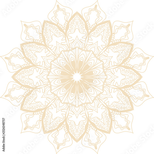 Intricate beige mandala design with floral patterns on white background
