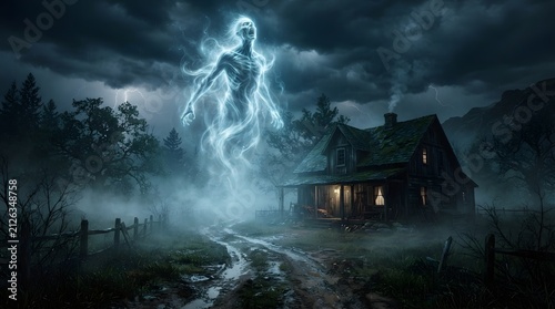 A terrifying ethereal spirit rises above a dilapidated wooden farmhouse during a dark and stormy night filled with ominous fog and dramatic lightning strikes overhead