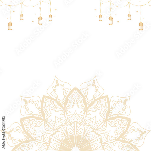 Elegant gold mandala design with lanterns on white background