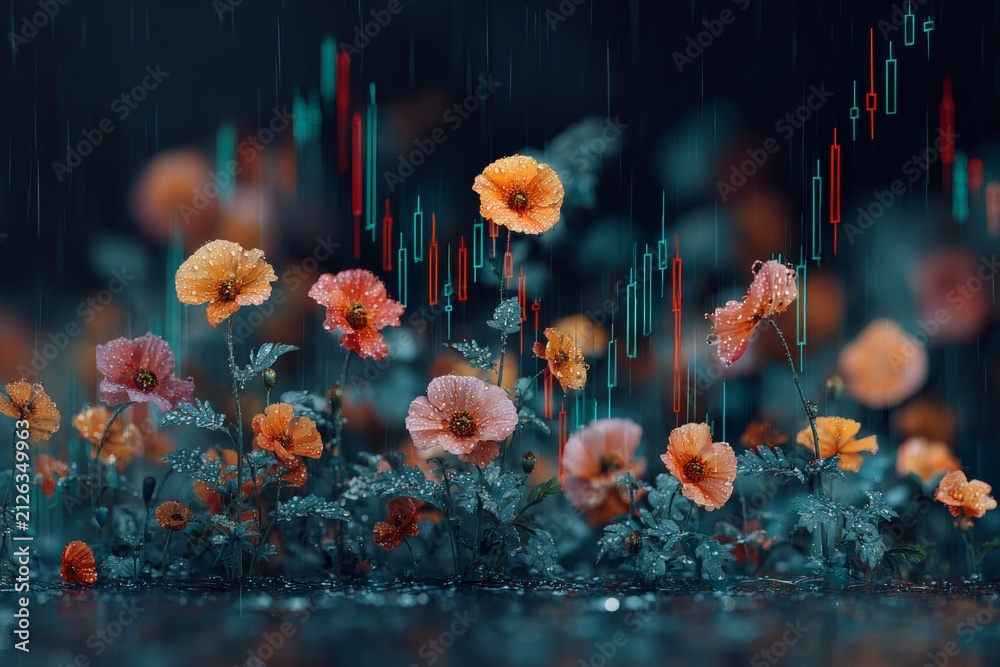 Obraz premium Ethereal spring journey: rain and blossoms in harmony. Bearish trend. Abstract blur of spring's floral dance with fresh raindrops. Risk management. Digital currency.