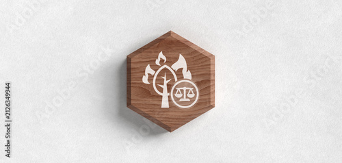 Canvastavla Environmental law concept featuring a burning tree symbol combined with a justice scale on a wooden hexagonal plaque