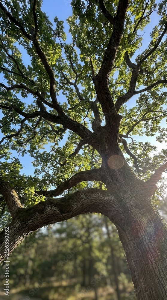 Obraz premium Looking up at a large oak tree against a blue sky