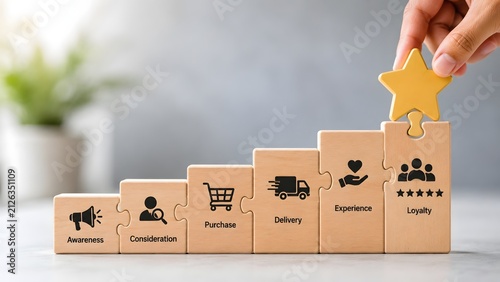 Customer journey map and marketing funnel concept on wooden puzzle stairs. Hand placing a golden star on brand loyalty step for business success and consumer experience.
