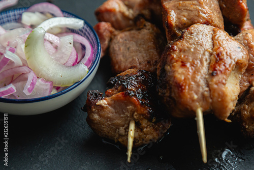 Shashlik. Kebab with pickled onions.