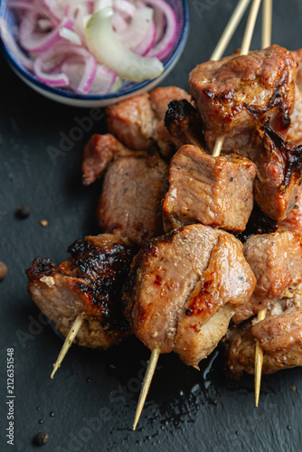 Shashlik. Kebab with pickled onions.