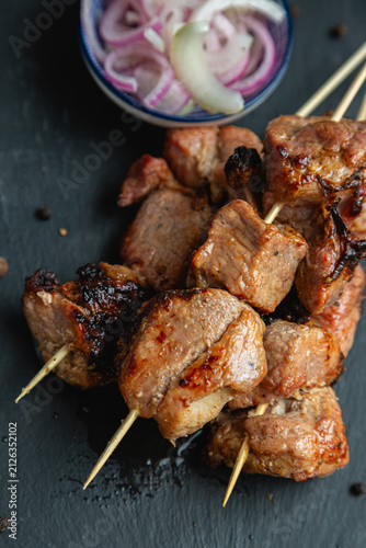 Shashlik. Kebab with pickled onions.