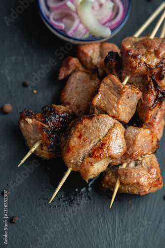 Shashlik. Kebab with pickled onions.