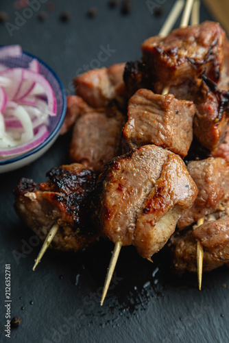 Shashlik. Kebab with pickled onions.