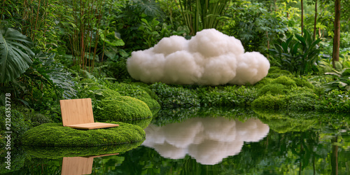 A sleek bamboo laptop stand rests on a mossy island inside a tranquil lush indoor garden with a cloud