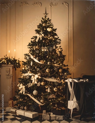 Elegant decorated Christmas tree in a luxury home interior.