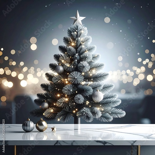 Elegant Decorated Christmas Tree on Marble Table with Bokeh Lights.