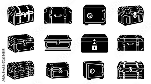 Treasure Chest Silhouette Icon Set Vector Illustration Collection of Vintage Safes and Wooden Caskets