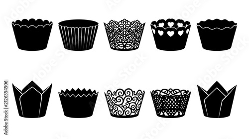 Cupcake Wrappers Vector Silhouette Set with Decorative Paper Liners and Lace Patterns