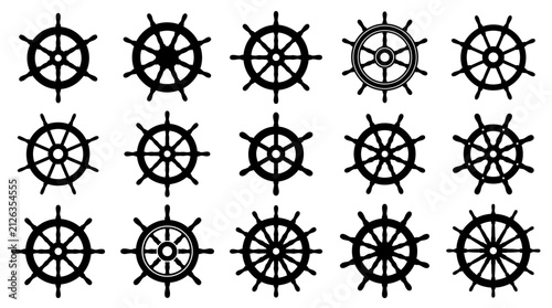 Ship Wheel Silhouette Collection Set with Nautical Steering Helm Icons and Vector Elements