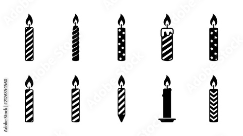 Birthday Candle Vector Icon Set with Stripped and Polotted Patterns for Celebration