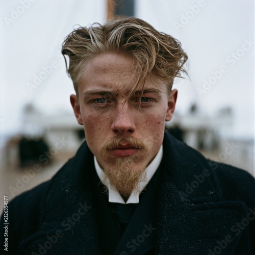 a 19-year-old swedish man from the early 1900s. He has coiffed hair and the start of a blonde beard.