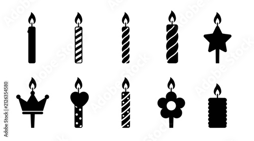 Birthday Candles Vector Set with Various Shapes and Burning Flames in Black Silhouette