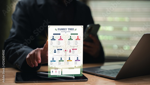 Принти на полотні Person holding mobile phone pointing interactive genealogy chart displaying ancestral family tree lineage research workspace interior office desk laptop computer corporate project strategy background