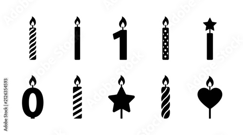 Birthday Candle Vector Icon Set with Number and Shape Designs in Black and White