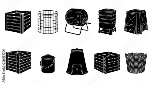 Compost Bins Silhouette Collection Set Featuring Various Organic Waste Recycling Containers and Garden Composting Equipment