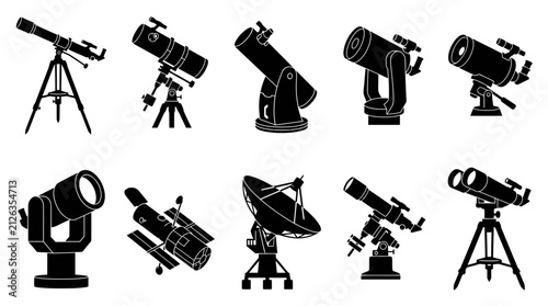 Telescope Vector Icon Set Silhouette Design with Space Observation Equipment and Astronomy Tools