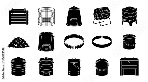Compost Bins And Equipment Vector Icon Set Featuring Various Recycling Containers And Organic Waste