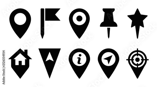 Map Pin and Location Marker Silhouette Vector Set with Navigation and Destination Symbols