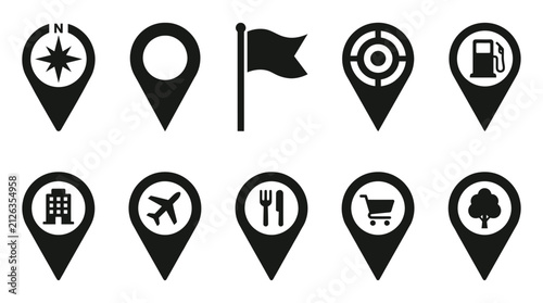 Map Pointer Icons Vector Set Featuring Location Pins and Navigation Symbols