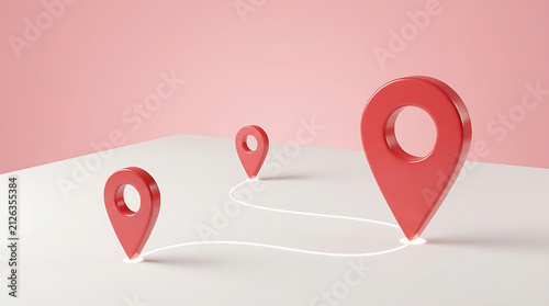 Red Map Location Pin Icons On White Surface With Connecting Path Line