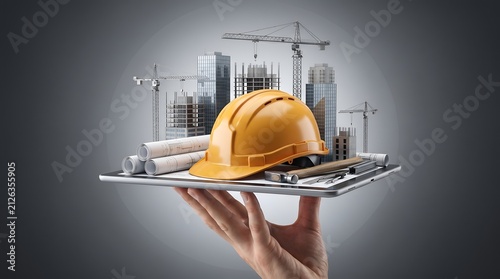 Construction project management concept featuring yellow hard hat and blueprints on tablet with rising city buildings representing architectural planning