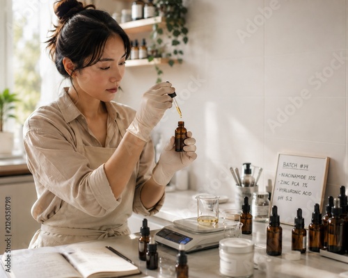 Female Business Owner Inspecting Handmade Cosmetic Bottle